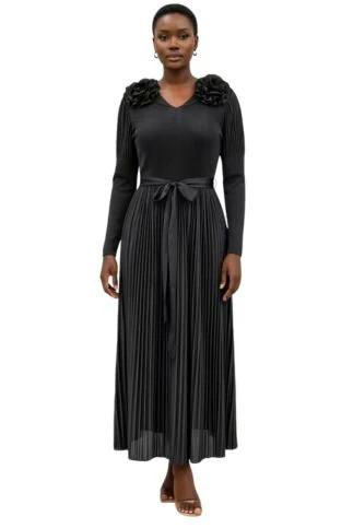 Pleated Rosette Shoulder Midi Dress - 83003