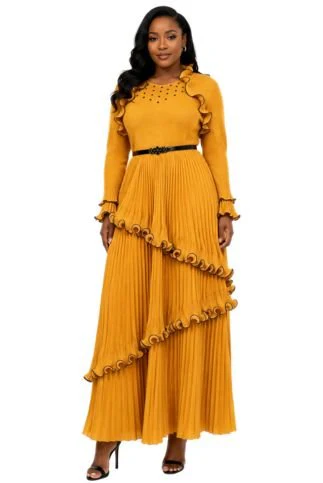 Pleated Ruffle Trim Maxi Dress - 82998