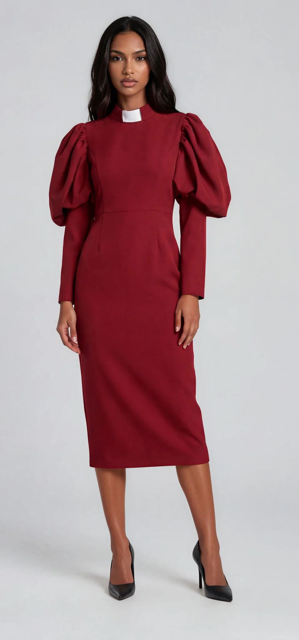 Plus Size Women's Clergy Dress with Puff Sleeves and Classic Collar- 4813W - Image 13