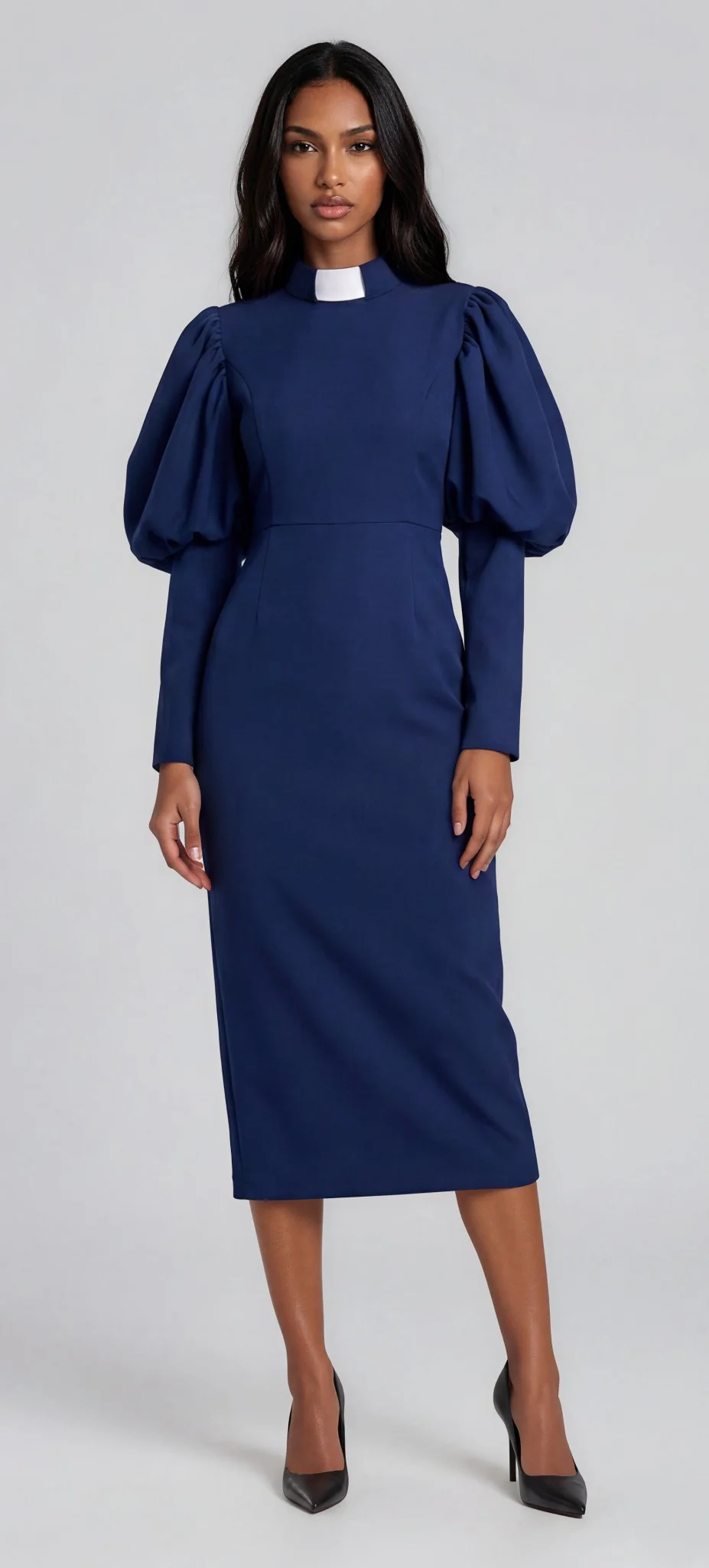 Plus Size Women's Clergy Dress with Puff Sleeves and Classic Collar- 4813W - Image 17