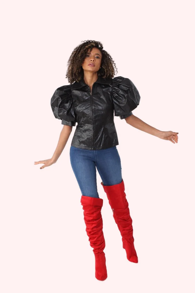 Puff Sleeve Faux Leather Jacket – Style 82014 - Image 7