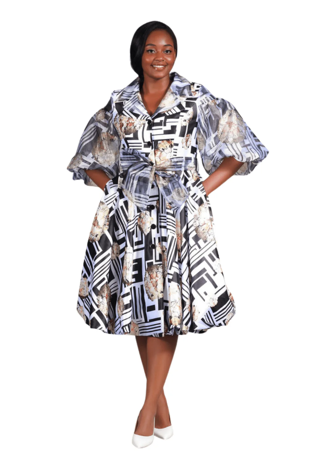 Puff Slv Print Shirt Dress in Silky Twl & Organza