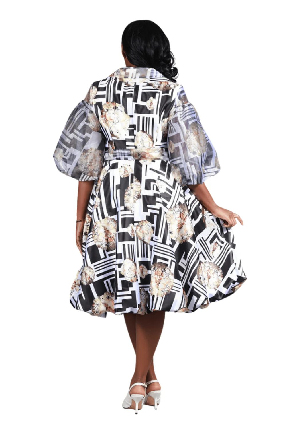 Puff Slv Print Shirt Dress in Silky Twl & Organza - Image 2
