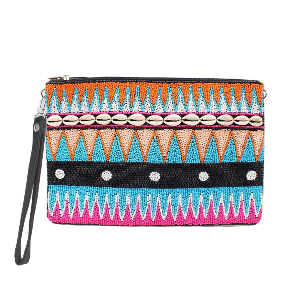 Puka Shell Point Sequin Seed Beaded Wristlet Clutch Bag