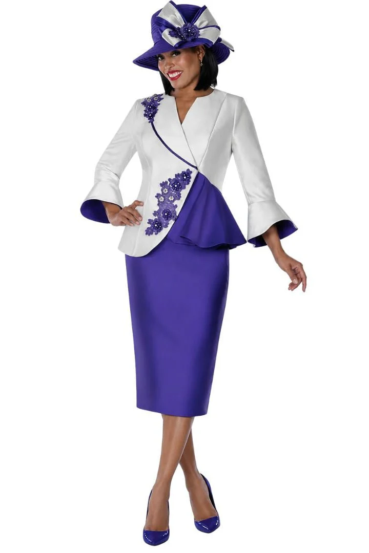 Purple & Ivory Floral Applique Peplum Church Suit