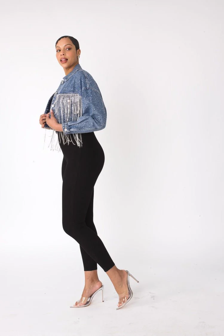 Rhinestone & Chain Fringe Cropped Denim Jacket - 82386 - Image 2