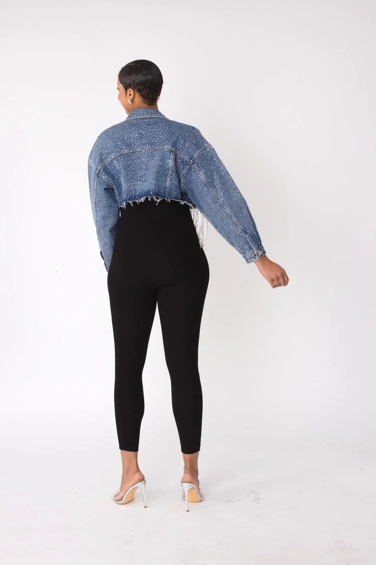 Rhinestone & Chain Fringe Cropped Denim Jacket - 82386 - Image 3