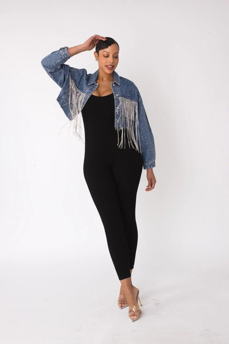 Rhinestone & Chain Fringe Cropped Denim Jacket - 82386 - Image 4