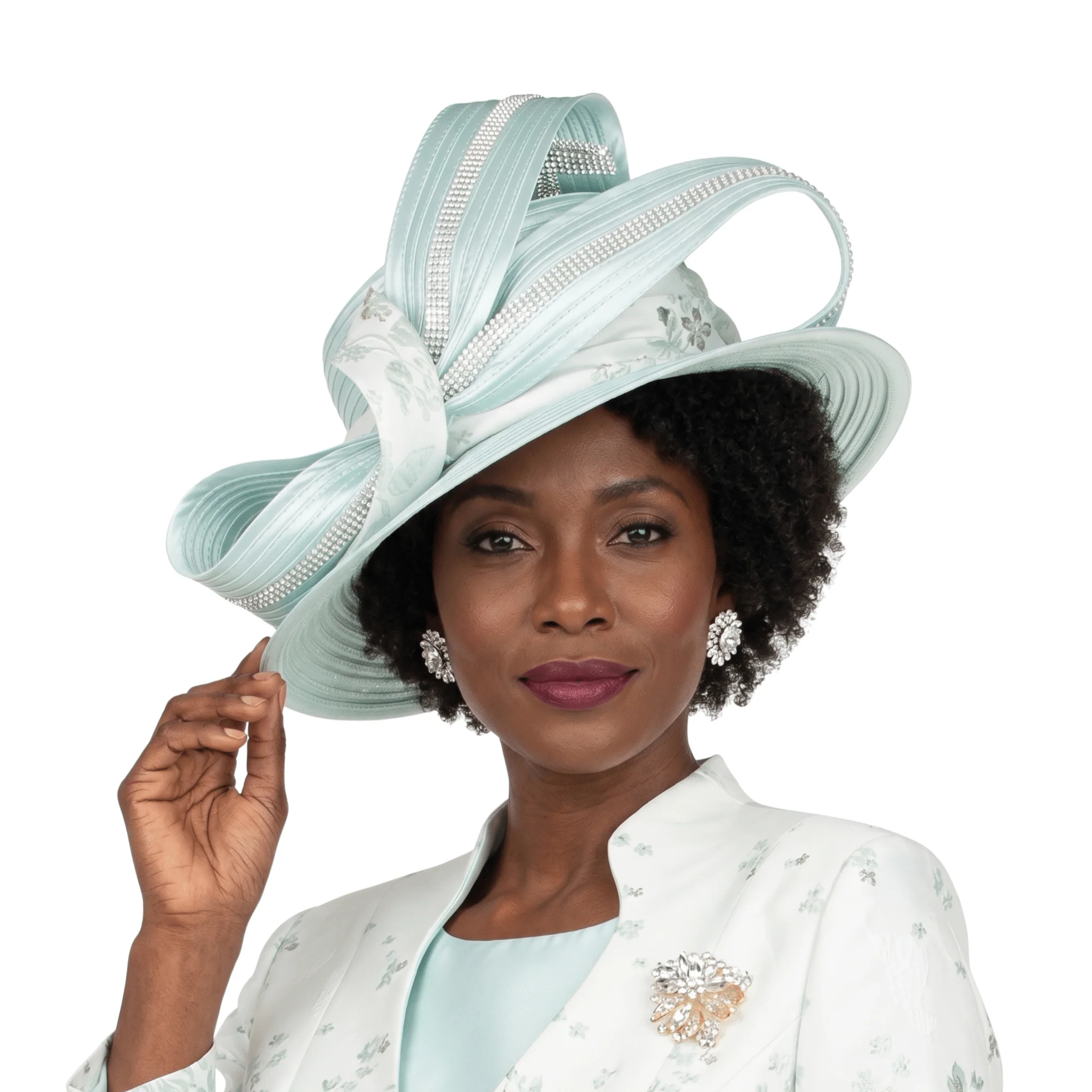 Rhinestone-Trim Ribbon Loop Wide Brim Occasion Hat