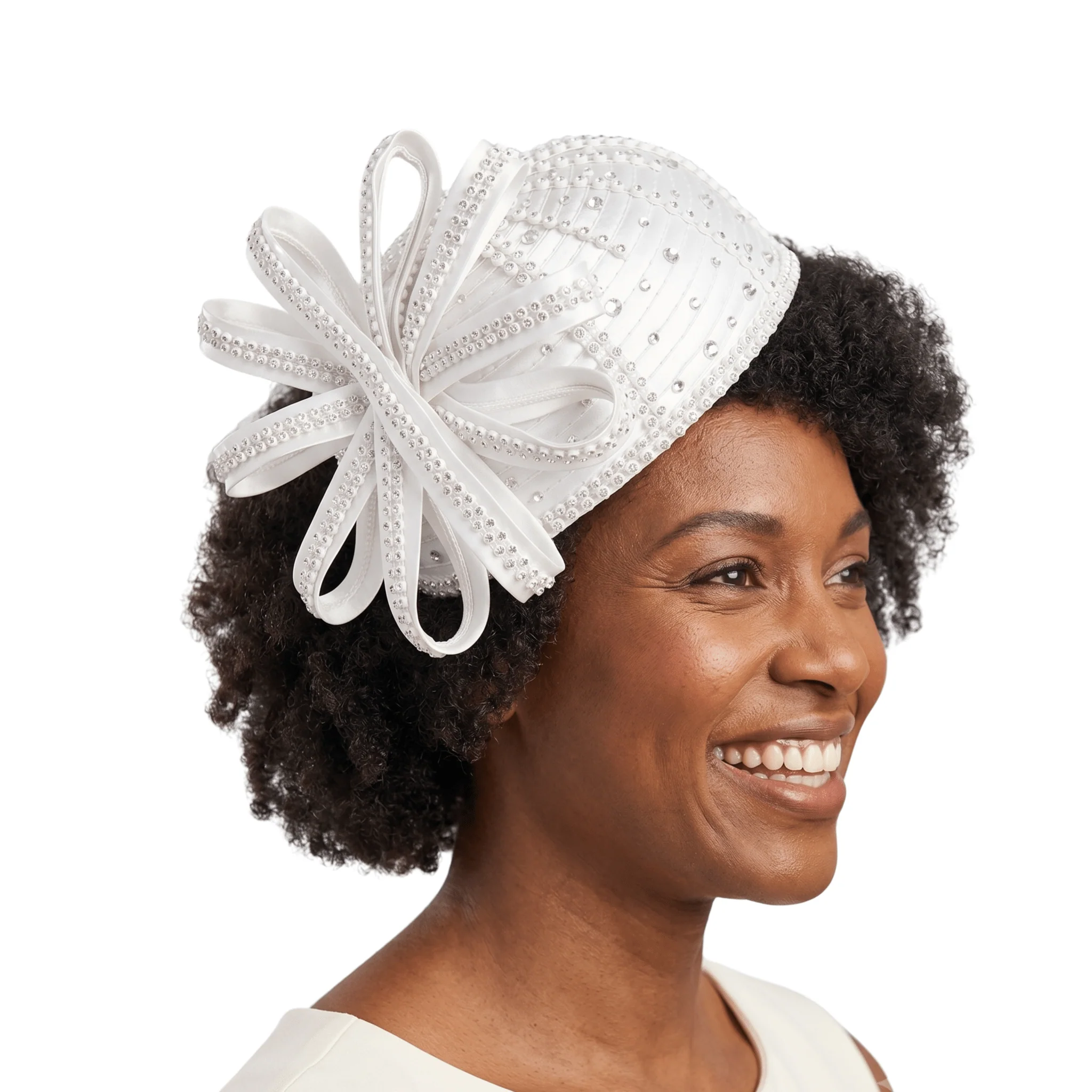 Round Pillbox Hat w/ Flwr Ribbon&Scattered Stones - Image 2
