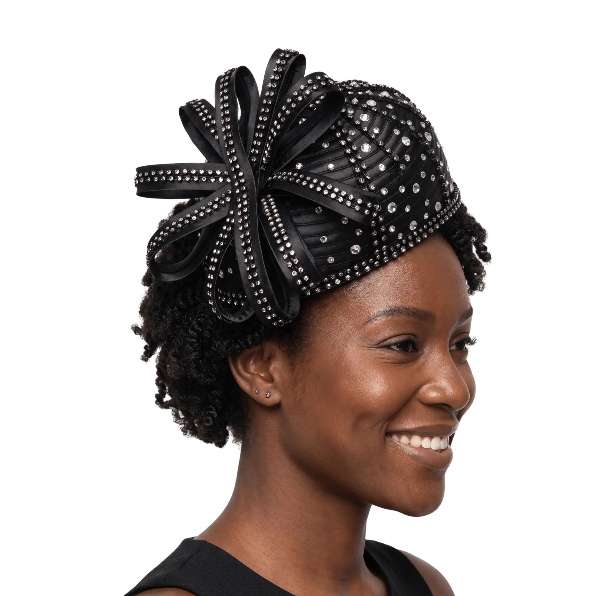 Round Pillbox Hat w/ Flwr Ribbon&Scattered Stones - Image 4