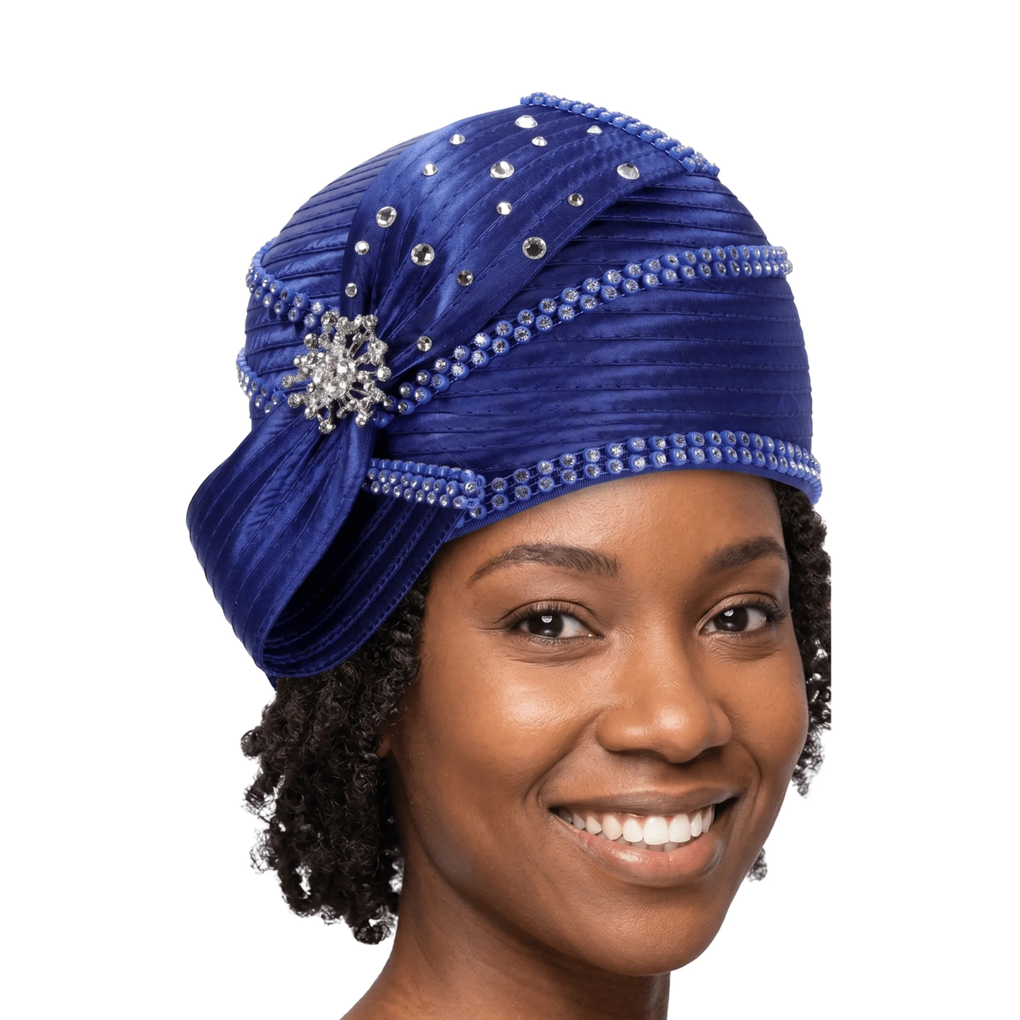 Round Ribbon Hat w/ Brooch and Rhinestoned Strip - Image 4