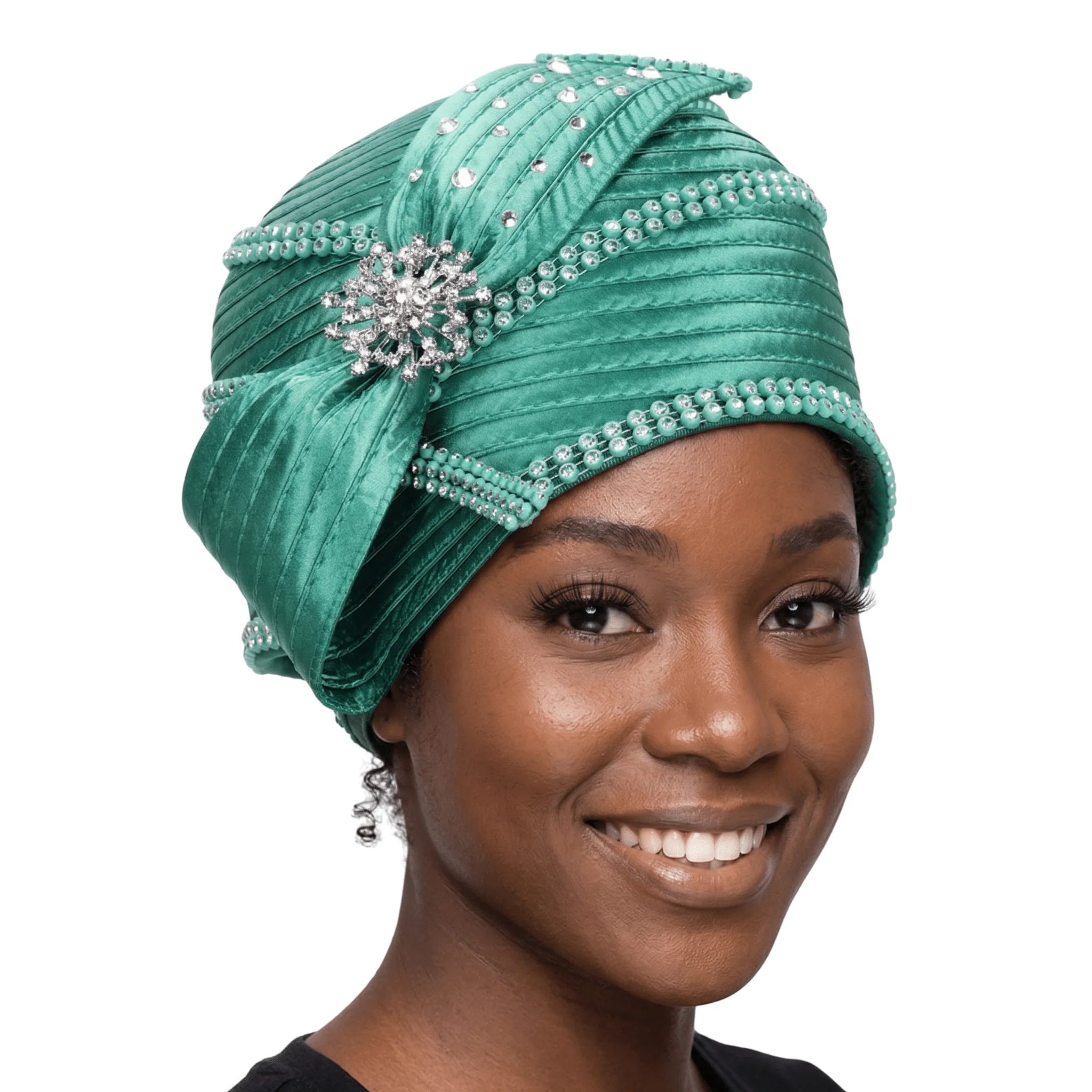 Round Ribbon Hat w/ Brooch and Rhinestoned Strip - Image 5