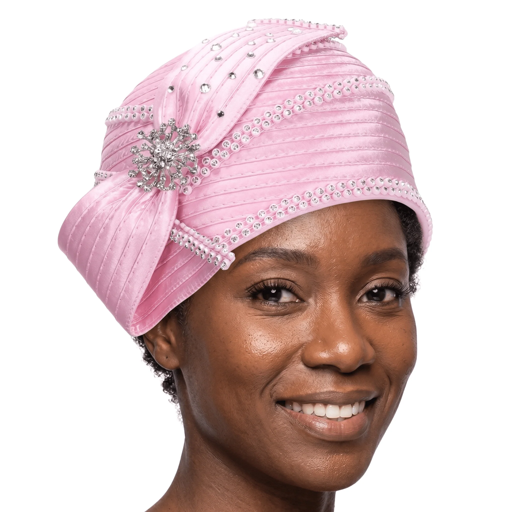 Round Ribbon Hat w/ Brooch and Rhinestoned Strip - Image 7