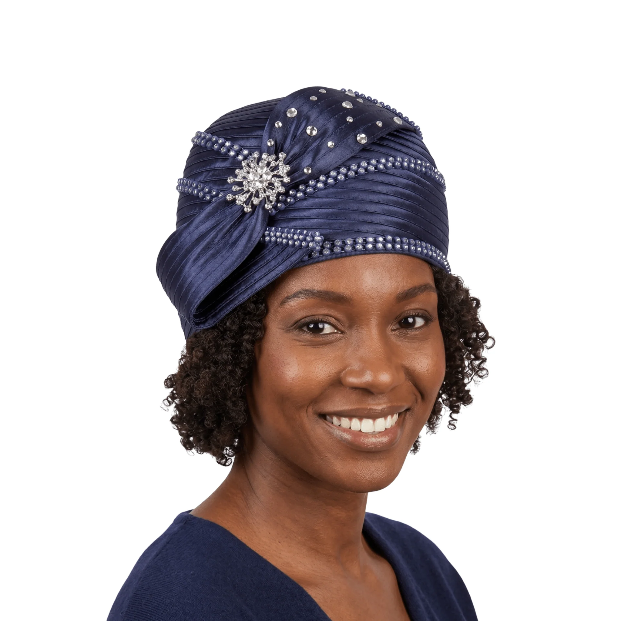 Round Ribbon Hat w/ Brooch and Rhinestoned Strip - Image 8