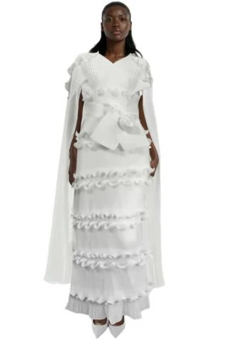 Ruffled Pleated Maxi Dress with Scarf - 82947