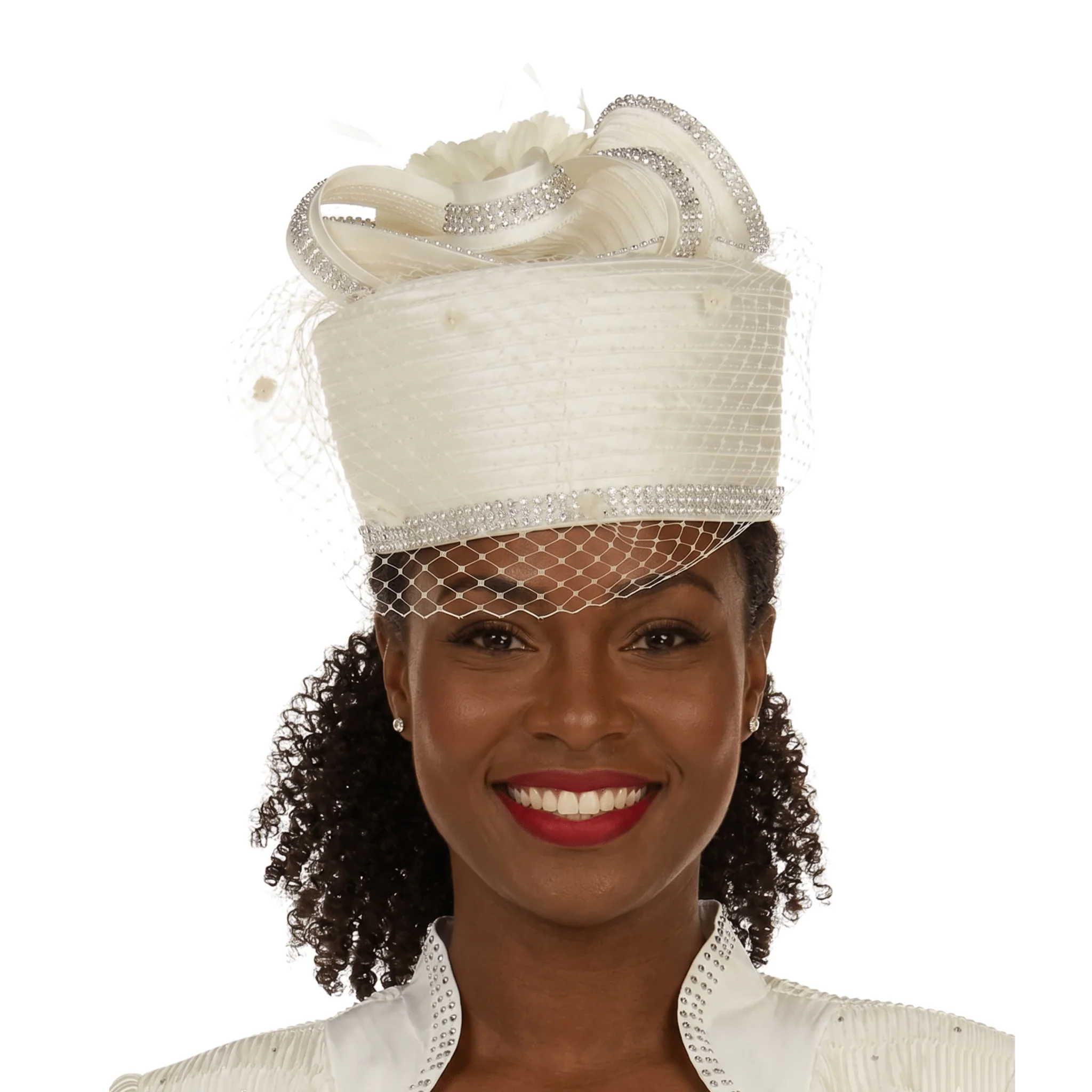 Sculpted Pillbox Hat with Veil & Feather Detail