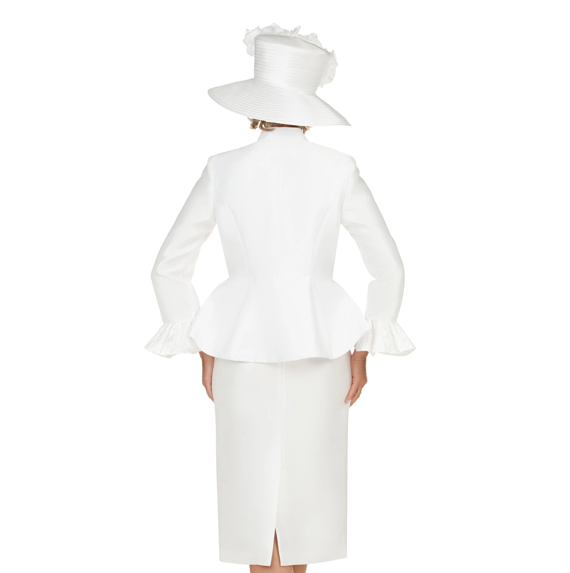 Silky 3pc Peplum Skirt Suit w/ Scalloped Trim - Image 2