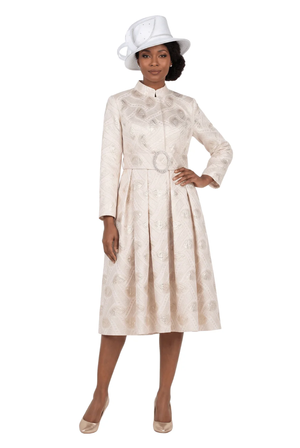 Stand Collar A-line Metallic Brcd Drs w/ Belt