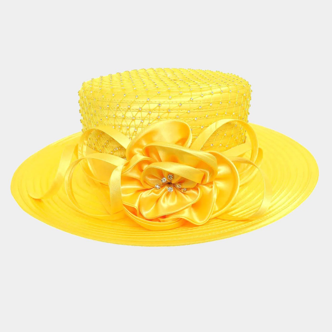 Stone Embellished Flower Bow Accented Dressy Hat - Image 5