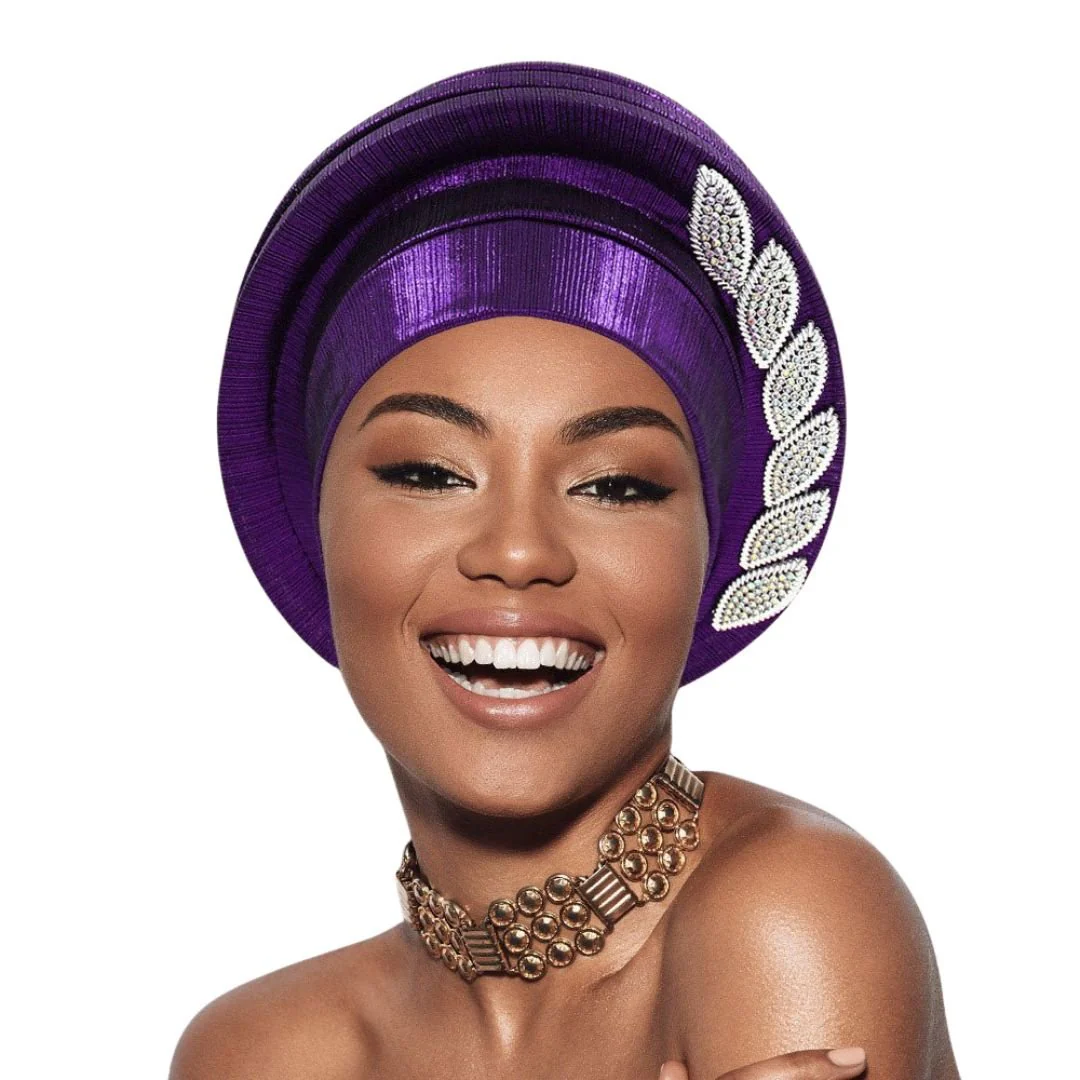 Stone Paved Marquise Leaf Accent Layered Turban Hair Wrap - Image 3