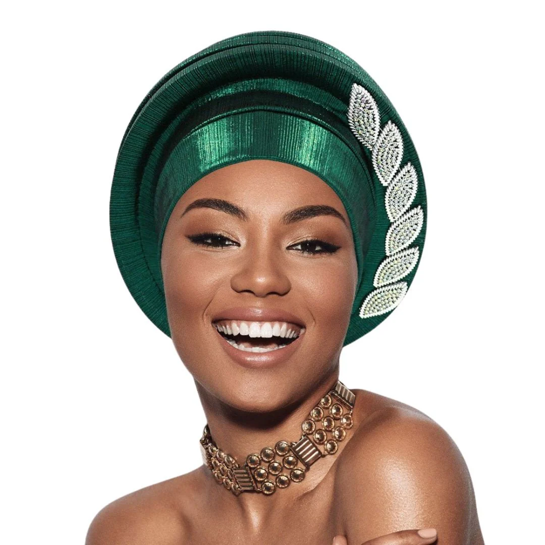 Stone Paved Marquise Leaf Accent Layered Turban Hair Wrap - Image 4