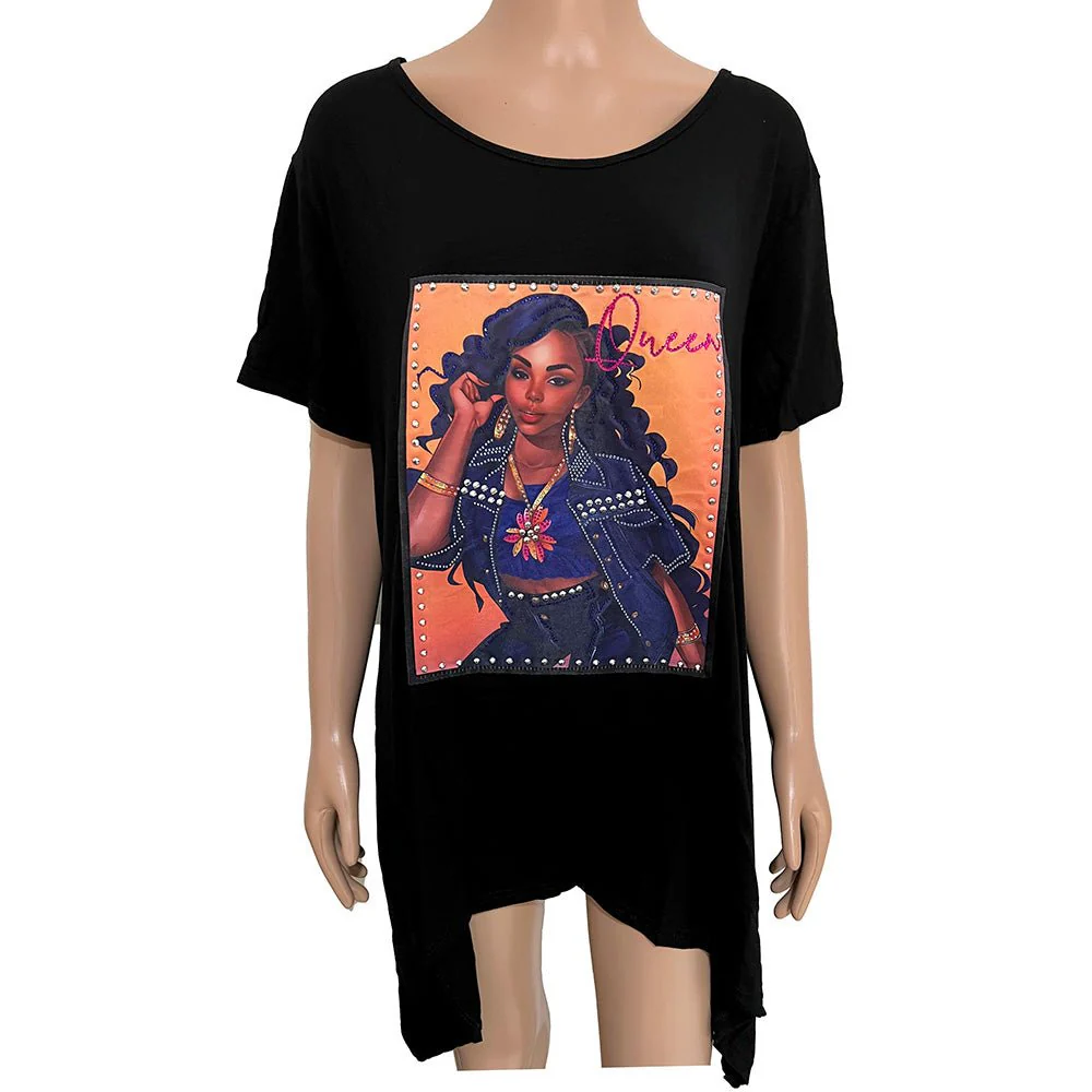 Stone Studded QUEEN Message Glam Woman Printed Half Sleeve Top - Image 2