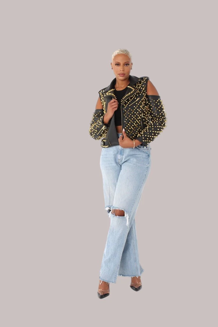 Studded Pleather Moto Jacket with Open Shoulders- 81936 - Image 2
