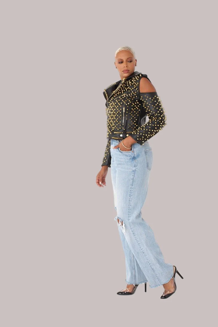 Studded Pleather Moto Jacket with Open Shoulders- 81936 - Image 3