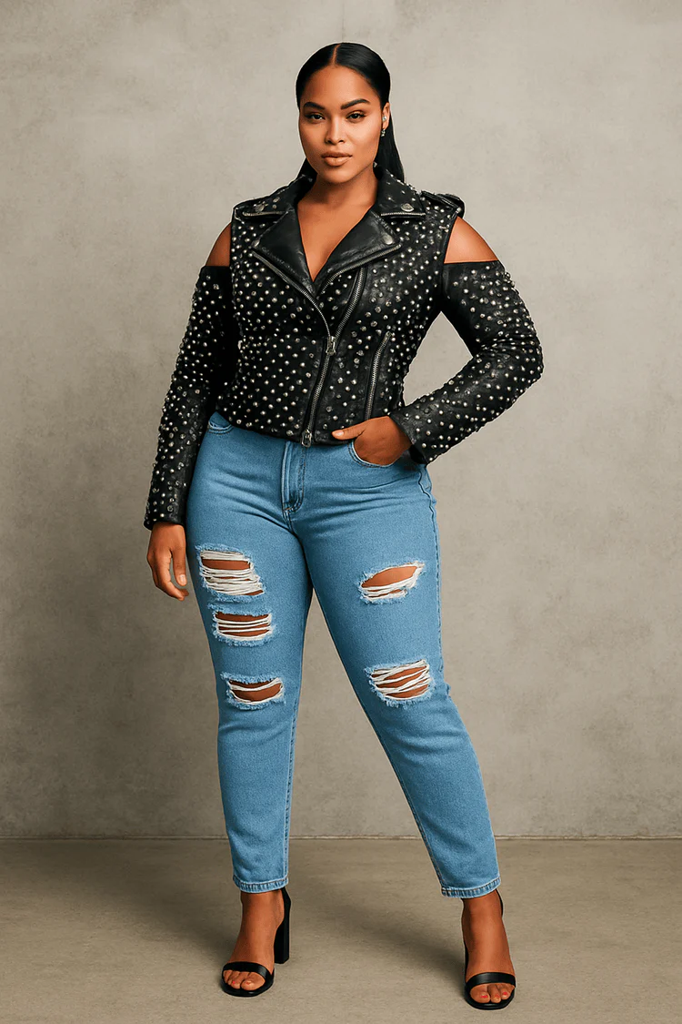 Studded Pleather Moto Jacket with Open Shoulders- 81936 - Image 6