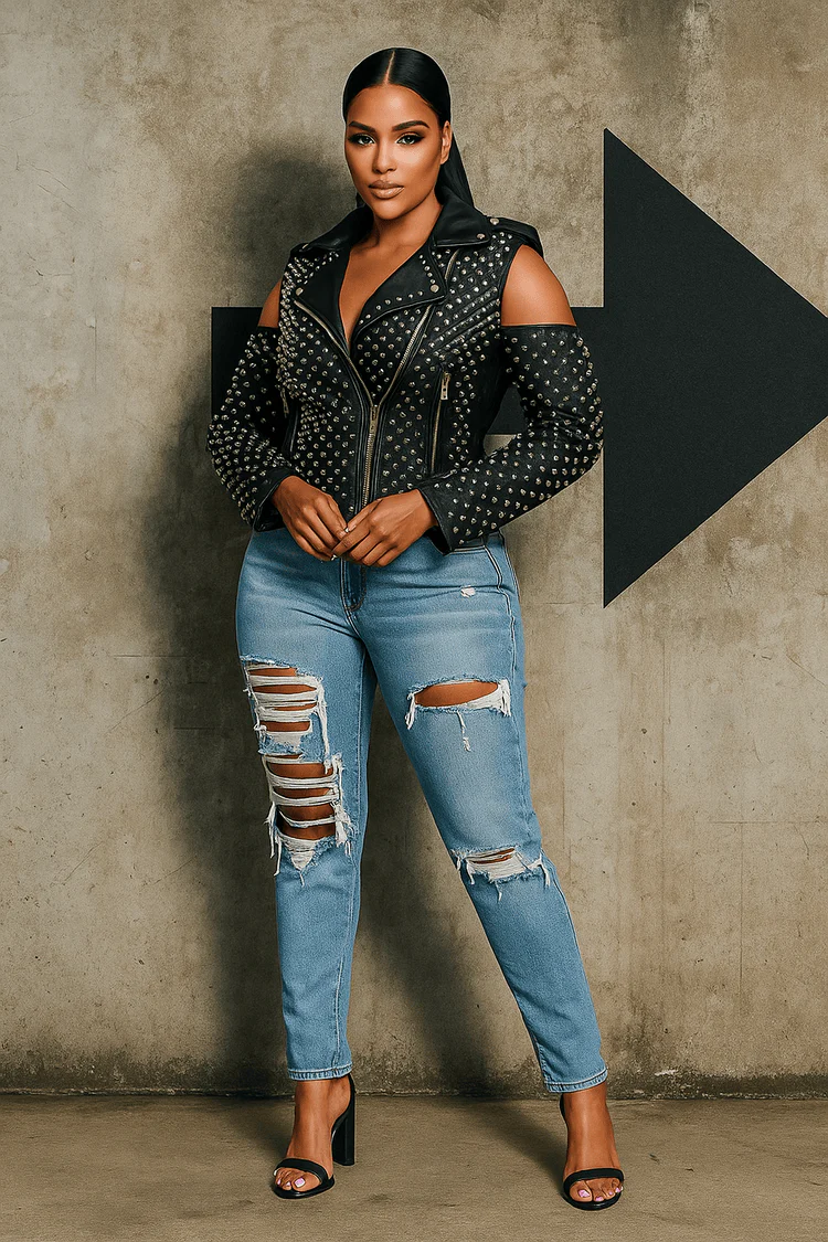 Studded Pleather Moto Jacket with Open Shoulders- 81936 - Image 8