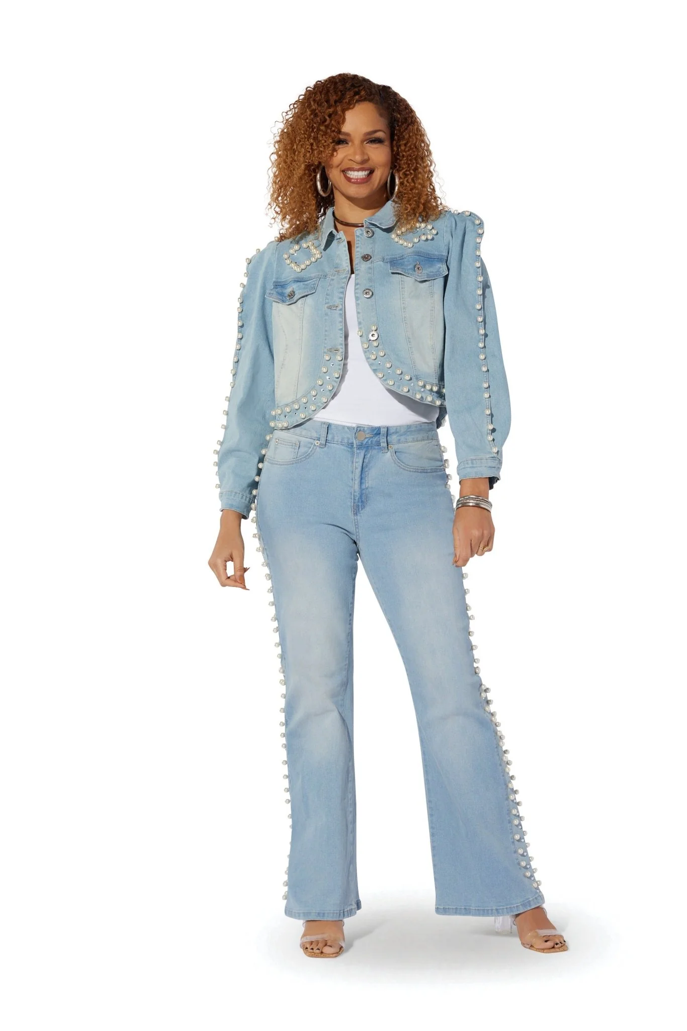 Pearl Detail Crop Denim Jacket by Studio EY