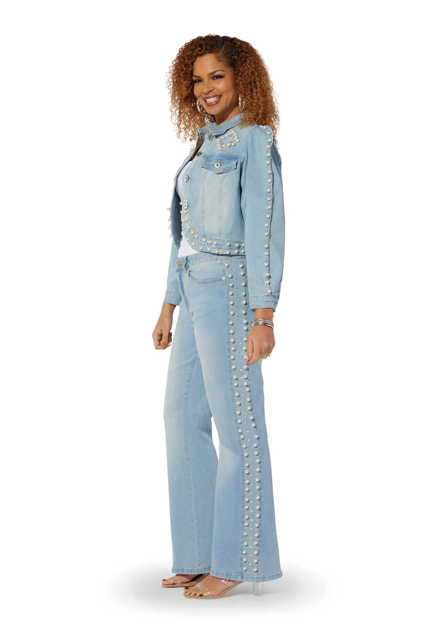 Pearl Detail Crop Denim Jacket by Studio EY - Image 2