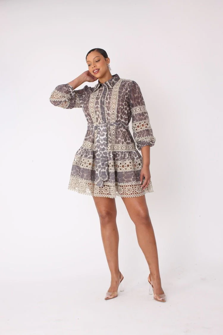 Stylish Leopard Print Lace Trim Dress- 82800 - Image 4