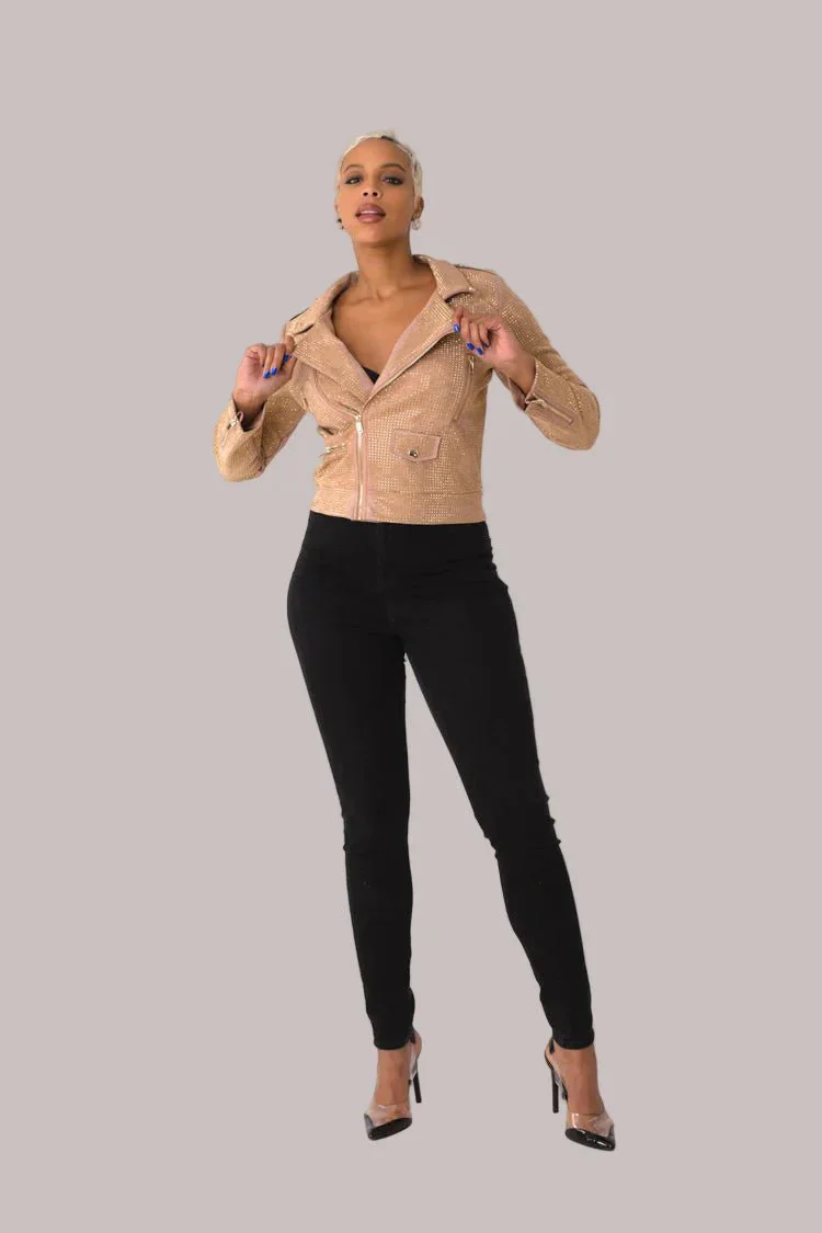 Suede Moto Jacket with Allover Diamonds - 82022 - Image 9