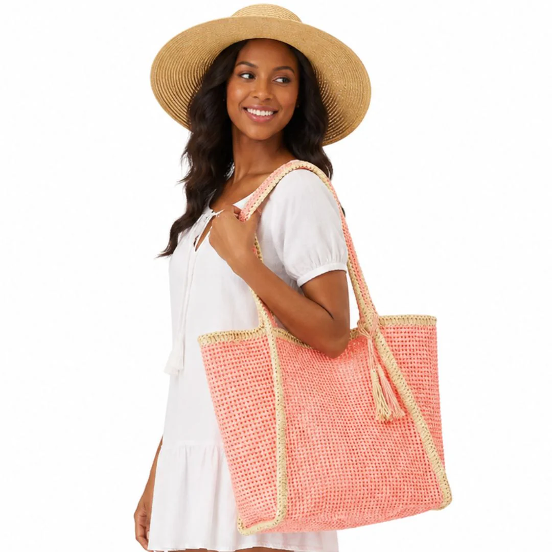 Tassel Accent Two Tone Woven Straw Tote Bag