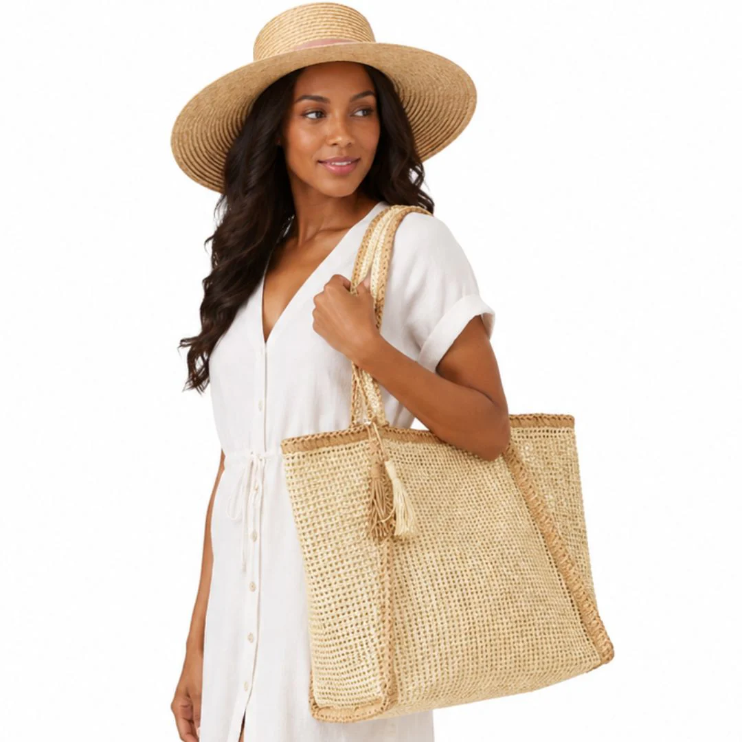 Tassel Accent Two Tone Woven Straw Tote Bag - Image 2