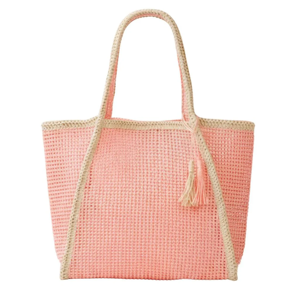 Tassel Accent Two Tone Woven Straw Tote Bag - Image 3