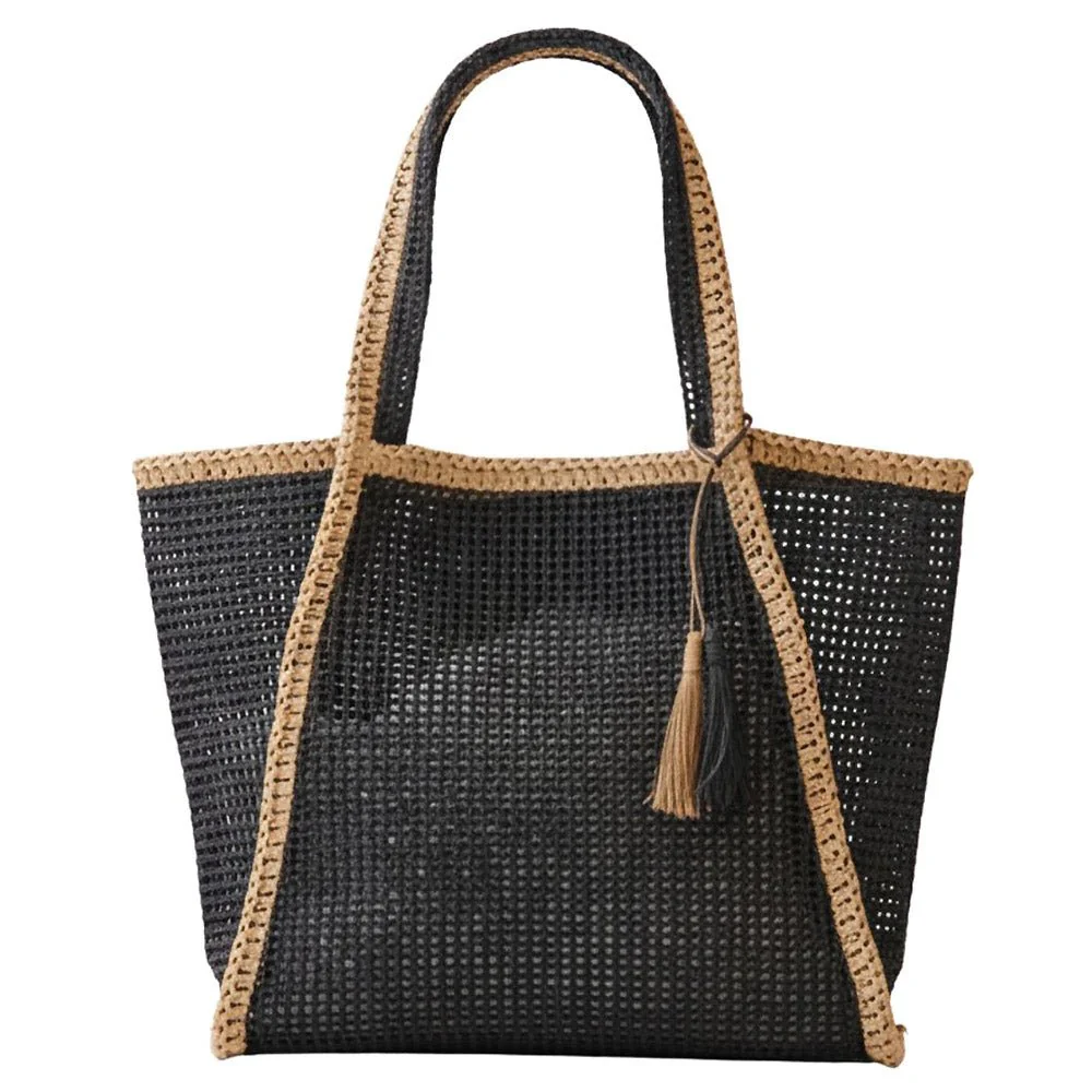 Tassel Accent Two Tone Woven Straw Tote Bag - Image 4