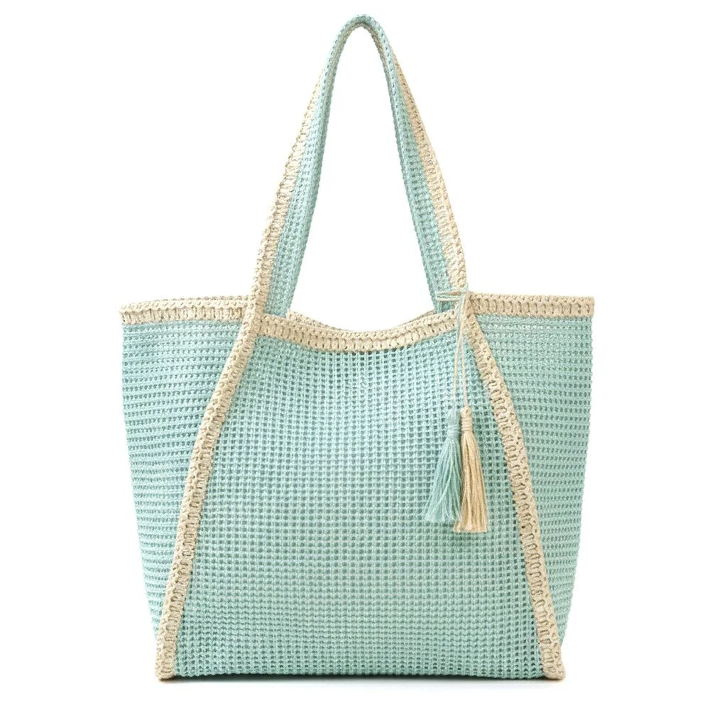 Tassel Accent Two Tone Woven Straw Tote Bag - Image 6