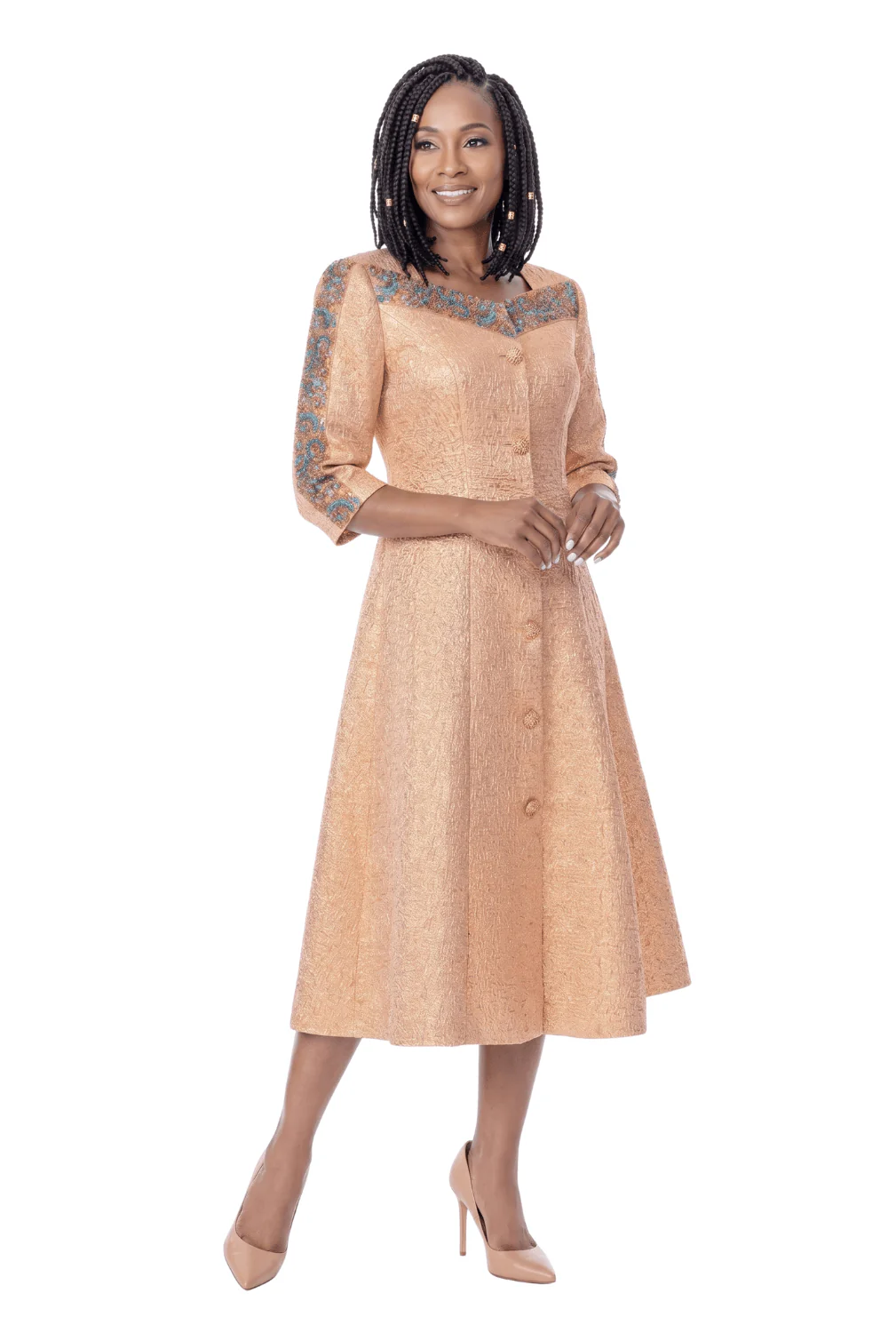 Champagne Embellished Midi Church Dress by Terramina