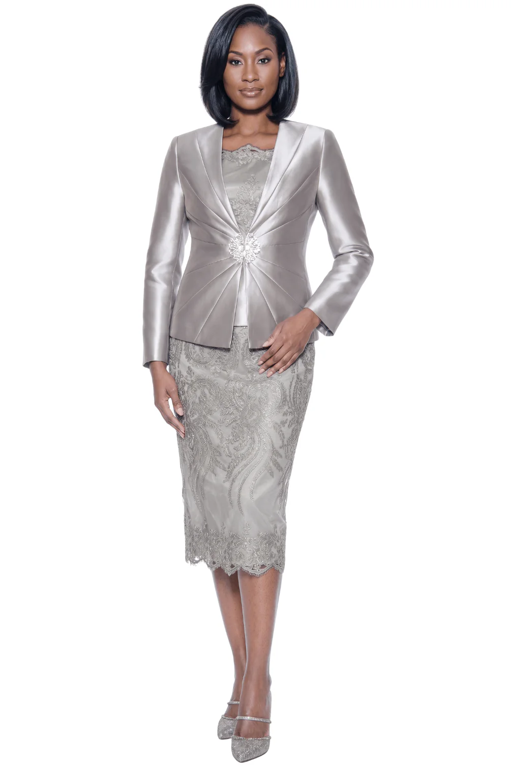 Embellished Satin Lace Dress Set by Terramina
