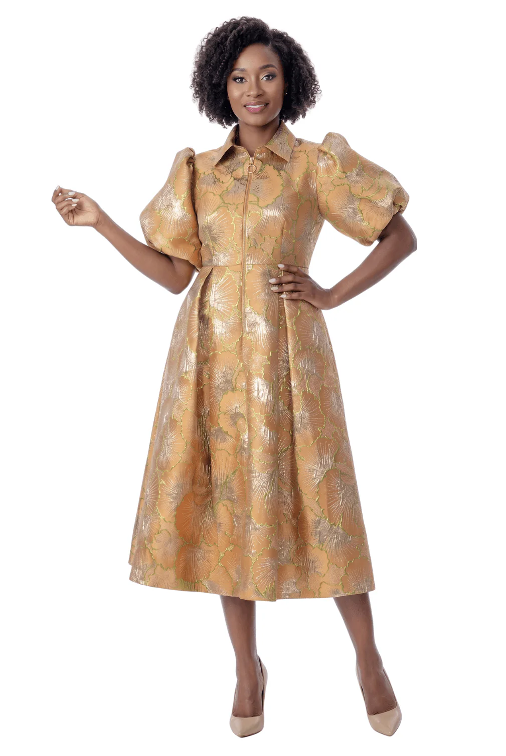 Metallic Floral Puff Sleeve Midi Dress by Terramina
