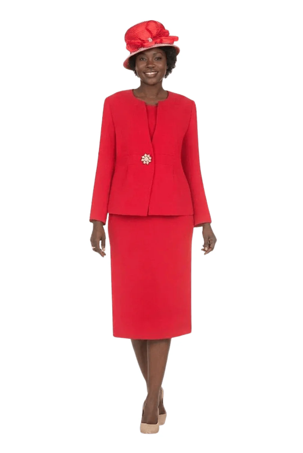 Timeless 3pc Skirt Suit with Jewel Brooch