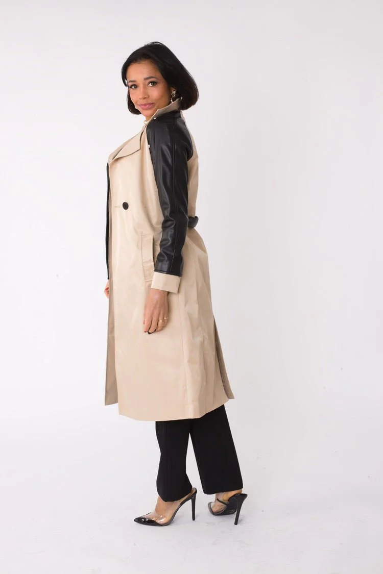 Two-Tone Leather Sleeve Trench Coat -82525 - Image 4