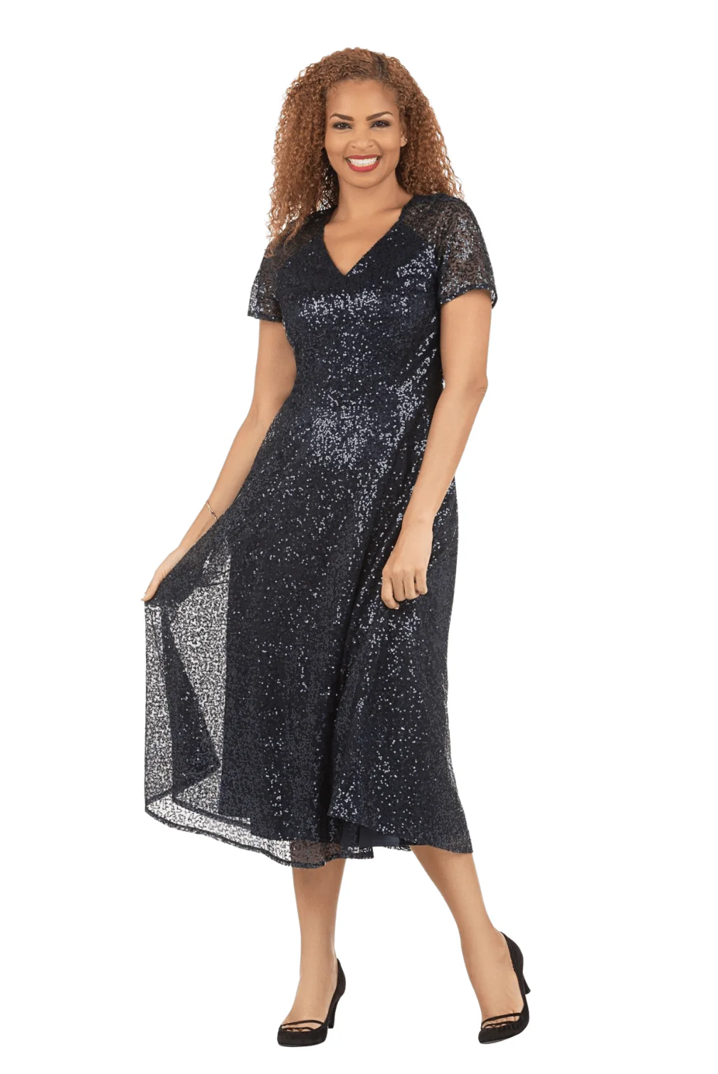 V-neck Short Slv A-line Dress in Sequined Lace