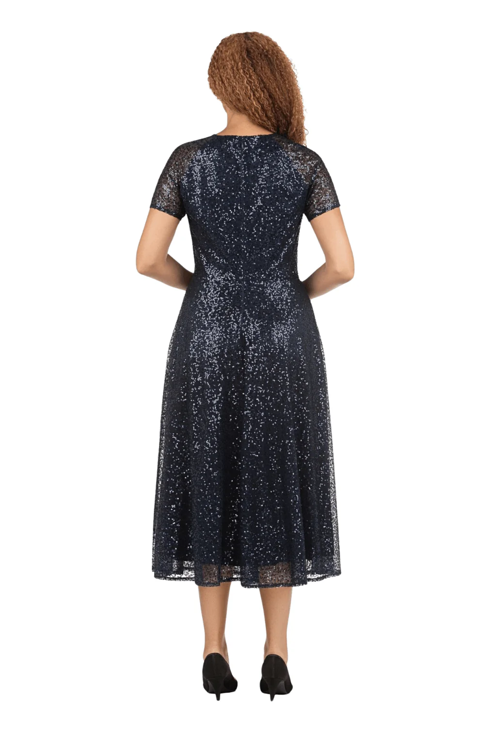 V-neck Short Slv A-line Dress in Sequined Lace - Image 2