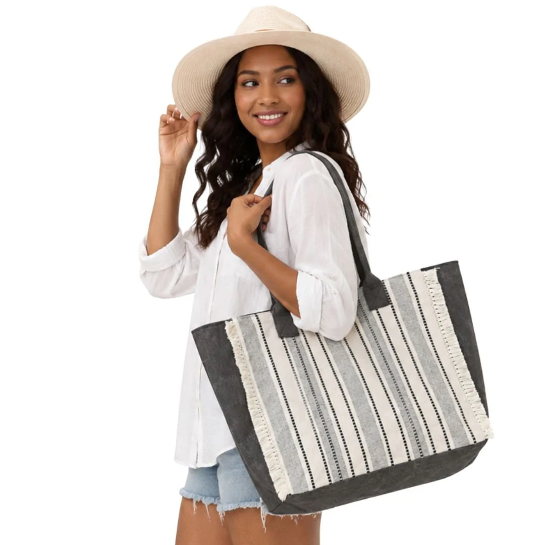 Vintage SUNSHINE Message Stripe Fringe Tote Bag