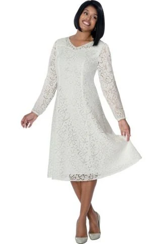 White Floral Lace A-Line Midi Dress with Long Sleeves DN100921
