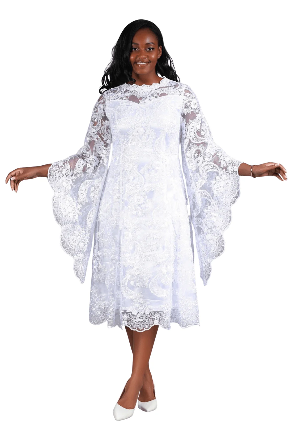 White Lace A-Line Dress w/ Draped Sheer Slvs-Plus
